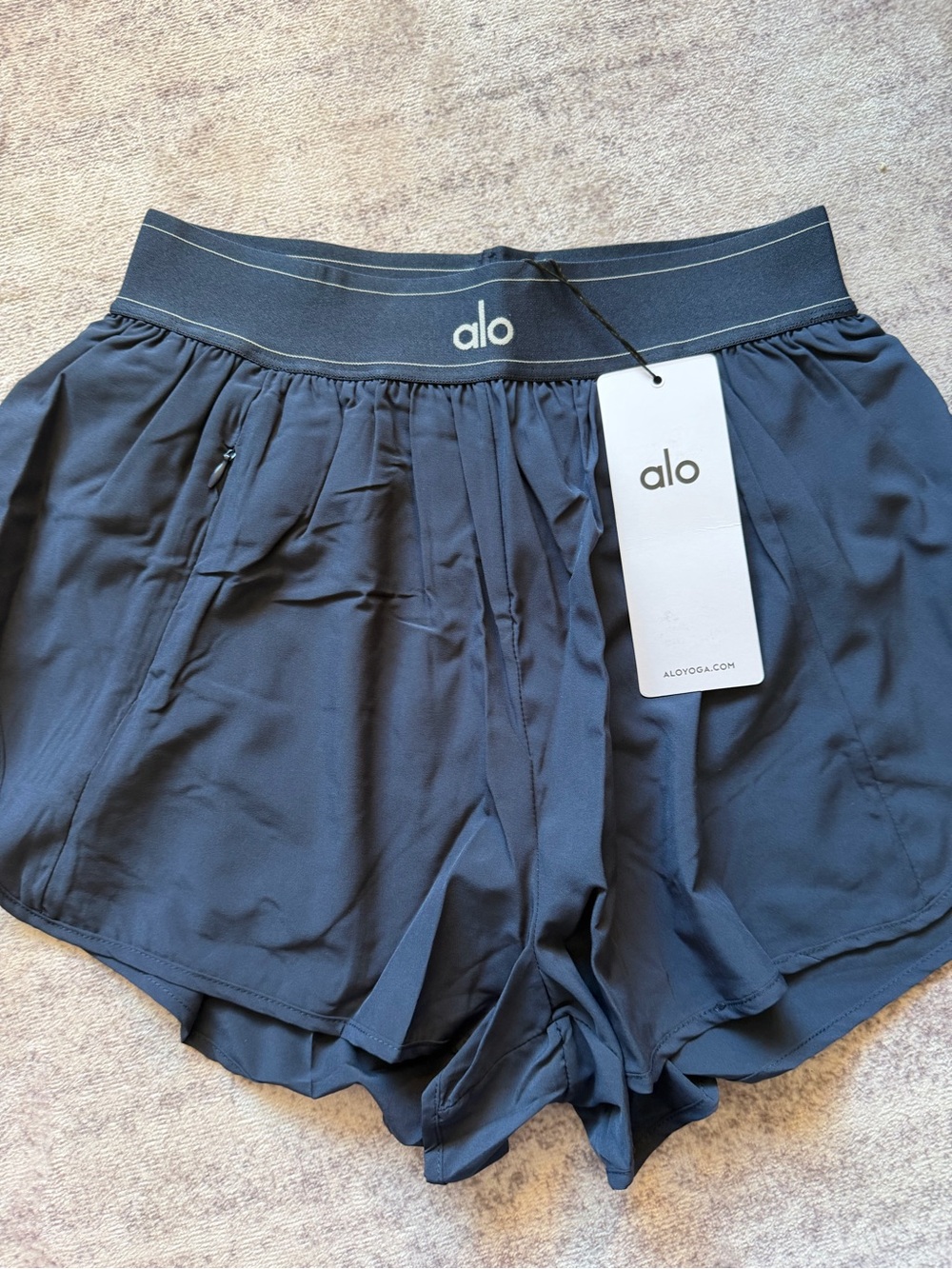ALO Yoga Navy Blue Athletic Running Shorts with Elastic Logo Waistband